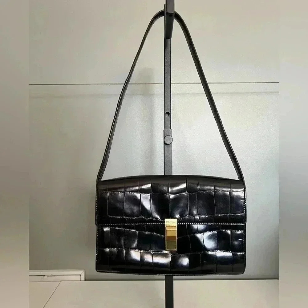 Cole Haan Y2K Black Croc Embossed Shoulder Bag Gold Hardware Leather